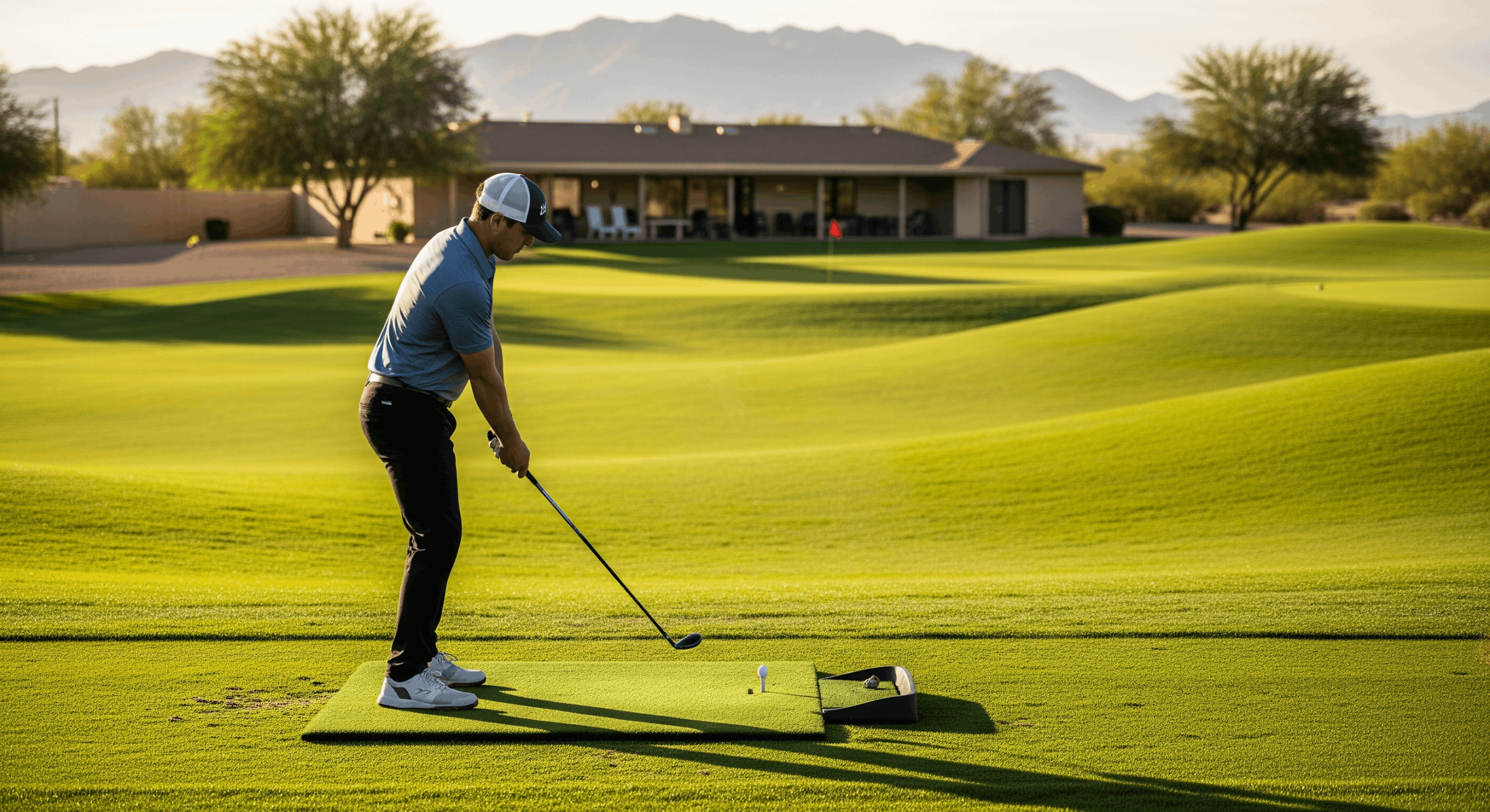 Golfer practicing a full swing on a course during an on-course lesson