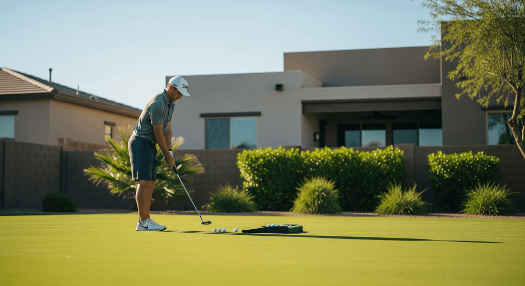 Golfer practicing putting technique on a private residential putting green