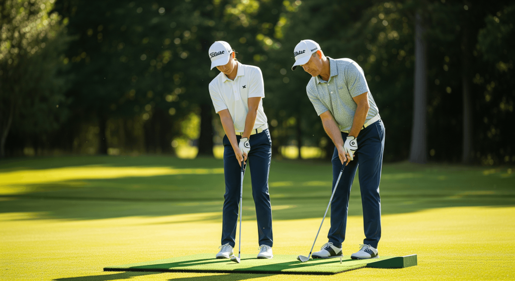 Golf instructor teaching putting fundamentals to a student on a practice green