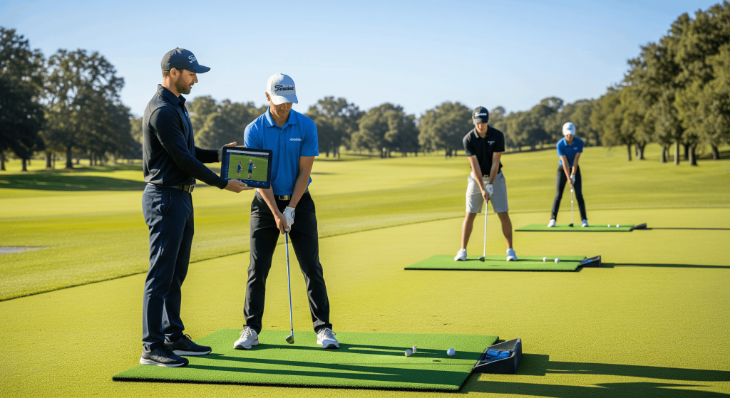 Golf coach using video swing analysis during a group lesson on the range
