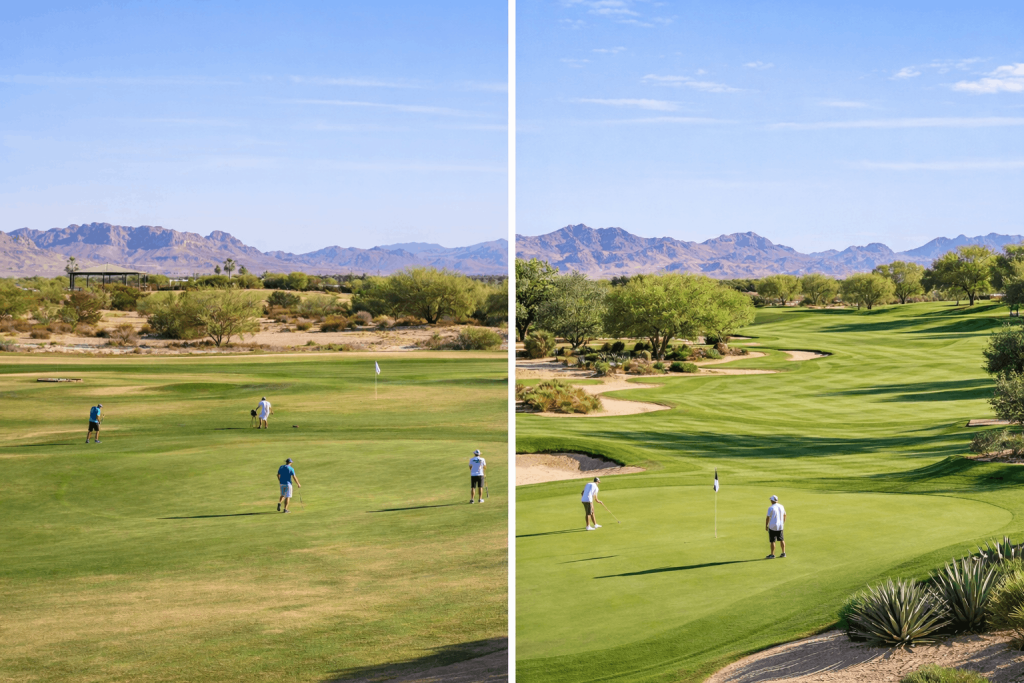 Before and after comparison of a desert golf course showing turf improvement and lush green fairways.