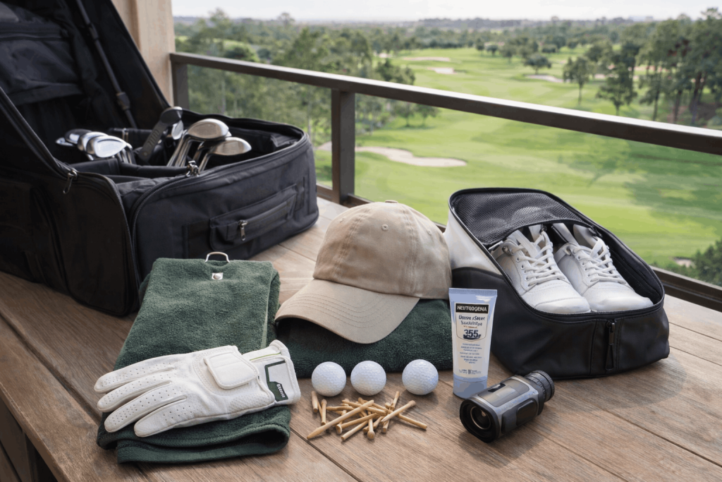 Golf gear and accessories on a table overlooking a scenic golf course.