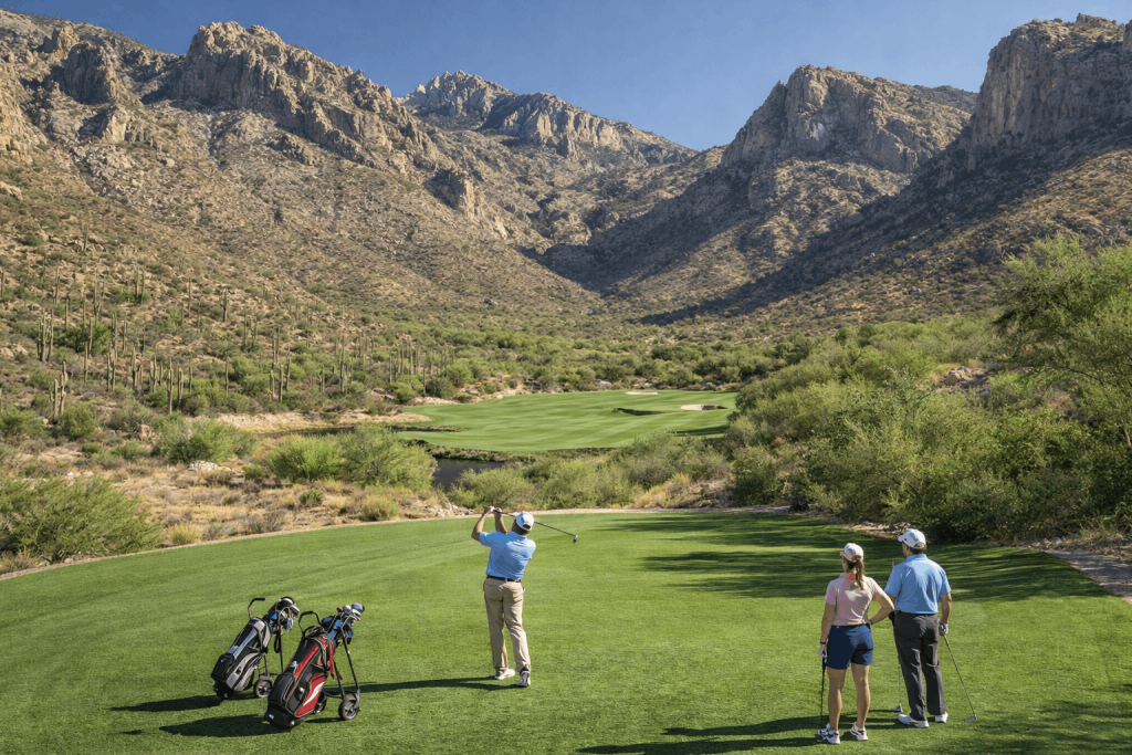 Golfers teeing off on a scenic Arizona desert golf course surrounded by mountains and cactus.