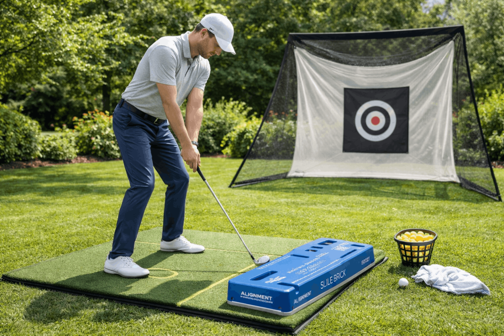 Golfer practicing with alignment tools and target net in a backyard golf training setup.