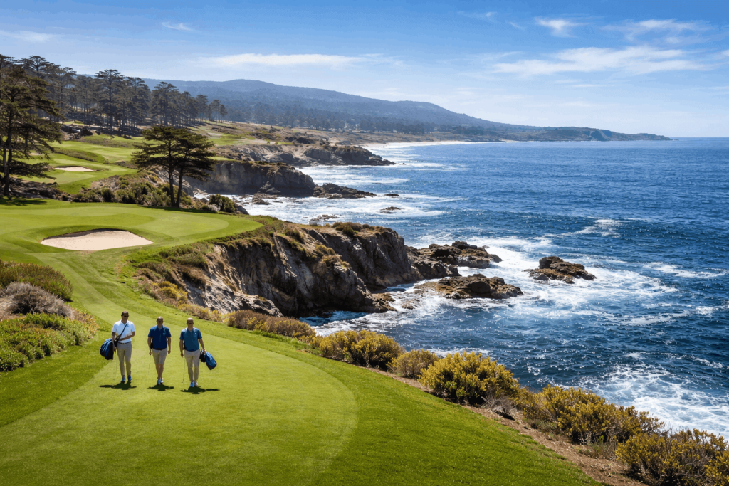 Coastal golf course overlooking the ocean with golfers walking along the fairway.