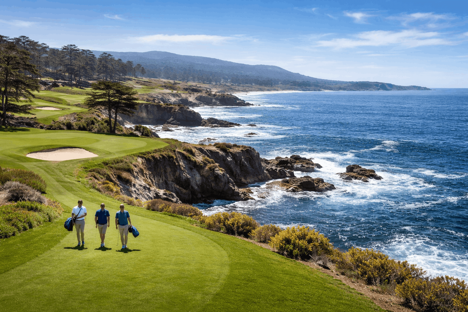Coastal golf course overlooking the ocean with golfers walking along the fairway.