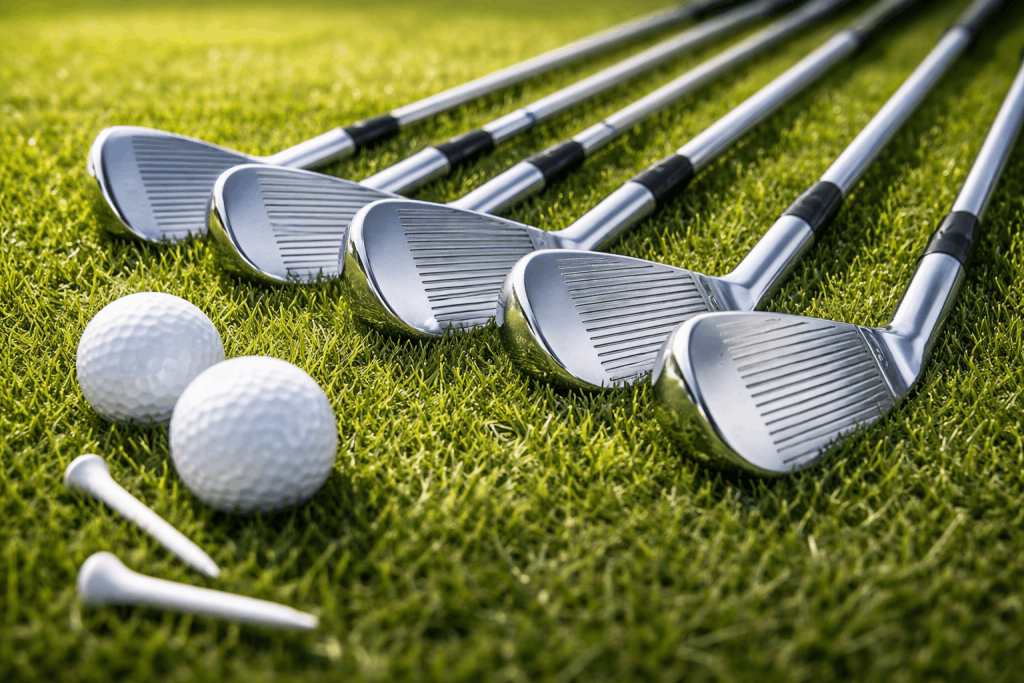 Golf irons lined up on grass with golf balls and tees.