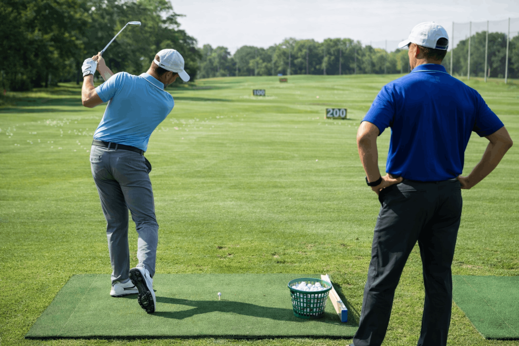Golf instructor observing a student’s swing during a lesson at a driving range.