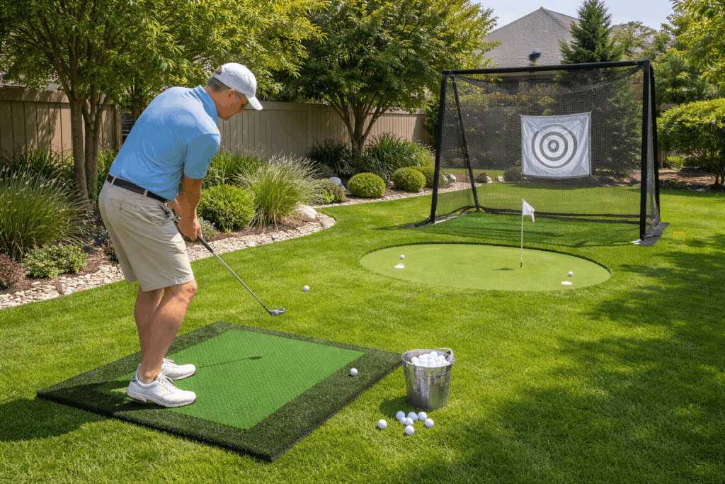 Golfer practicing chip shots on a backyard putting green with a practice net and target.