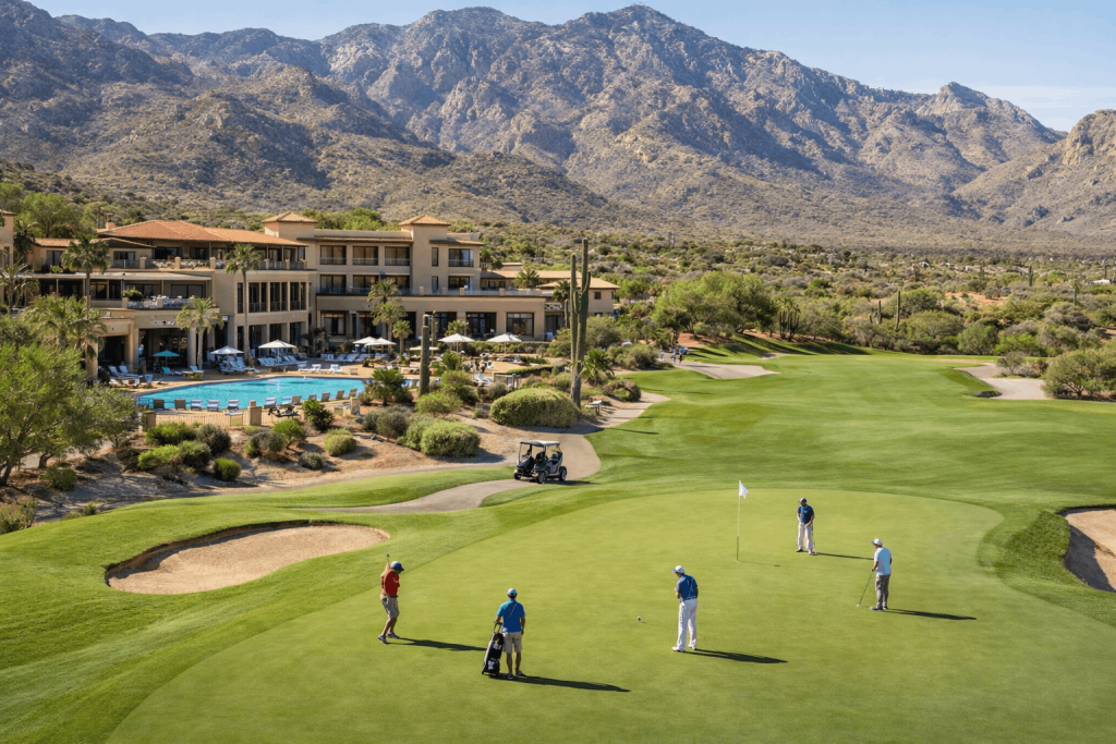 Golfers putting on a green at a luxury golf resort surrounded by desert mountains.
