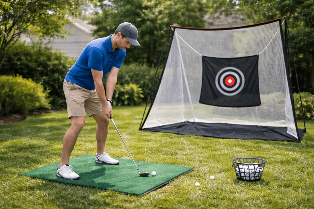 Golfer practicing swing into backyard net with target and golf balls