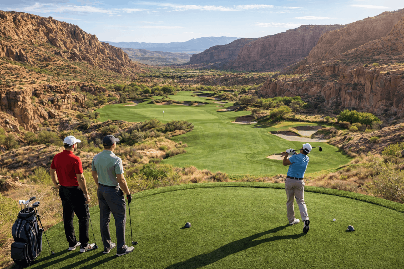 Golfer teeing off on scenic desert canyon golf course with rocky cliffs