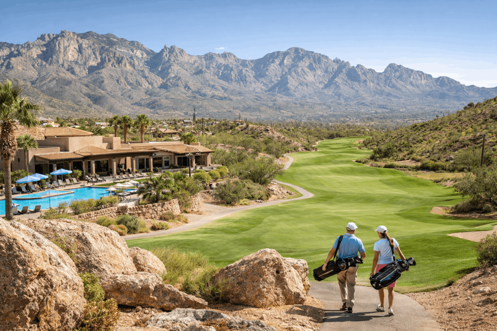 Golfers walking on desert resort course with mountains and luxury clubhouse