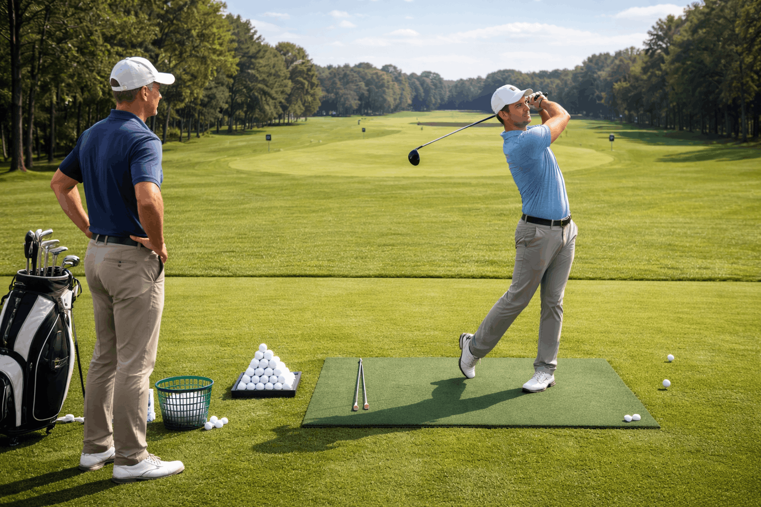 Golfer completing driver swing while coach observes on practice range