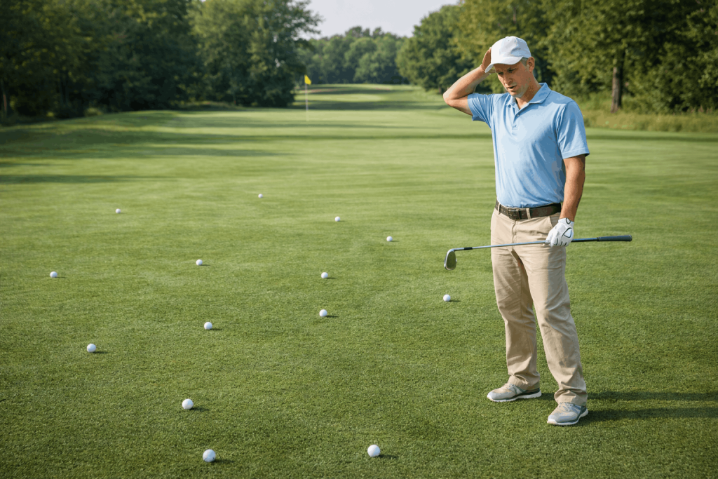 Golfer looking frustrated during practice with multiple balls on fairway