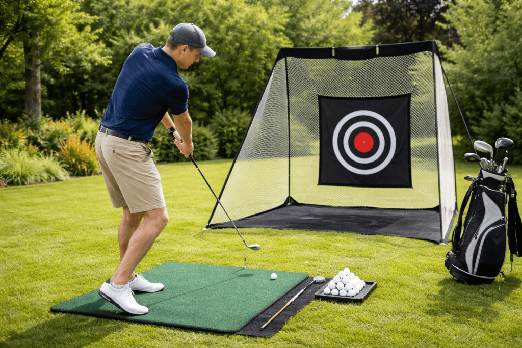 Golfer practicing swing into backyard net with target and training mat