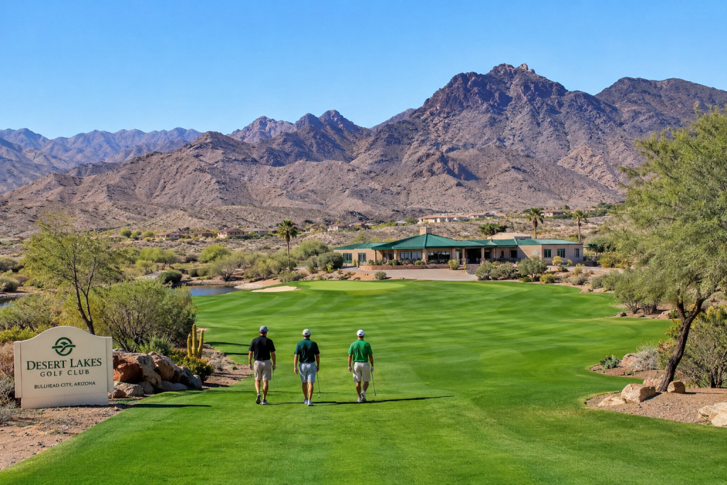 Golfers walking fairway at desert golf course in Bullhead City Arizona