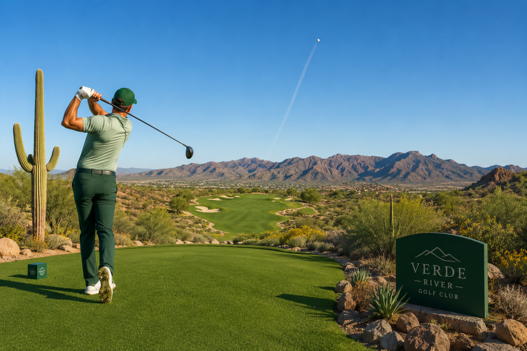 Golfer driving ball at Arizona desert golf course with mountain backdrop