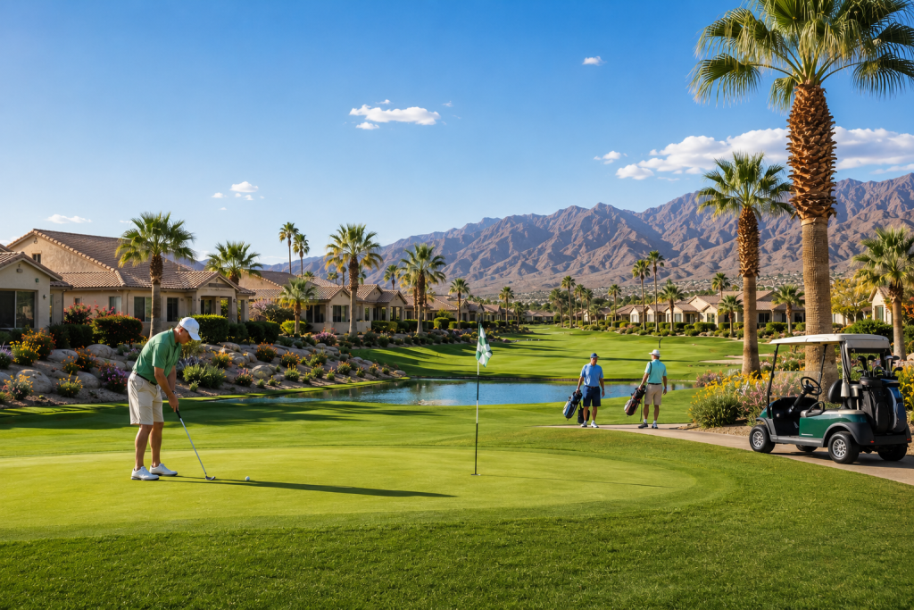 Golfers playing near residential golf community with desert mountains