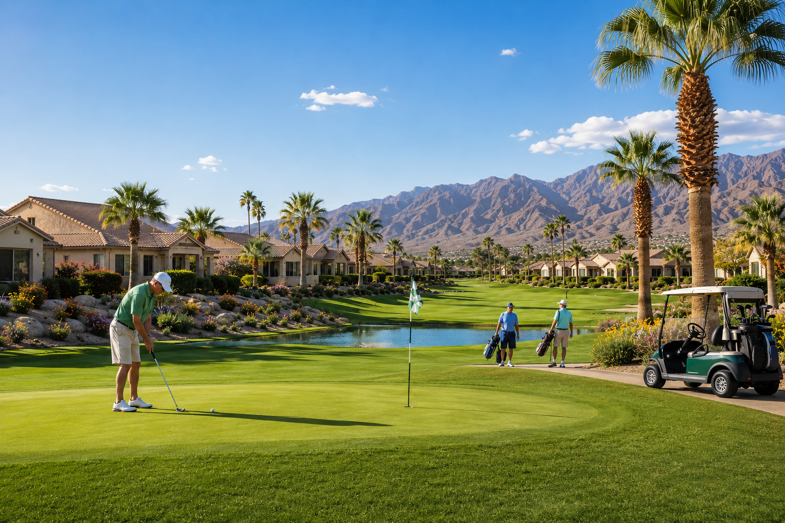 Golfers playing near residential golf community with desert mountains