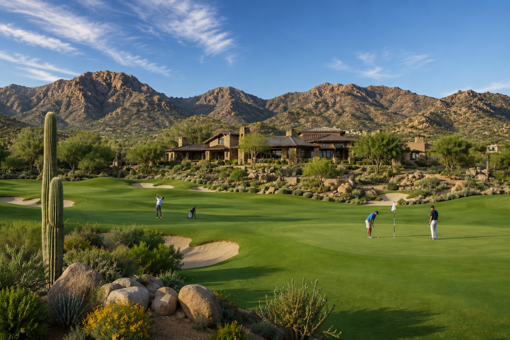 Luxury desert golf course with mountain scenery and golfers on green