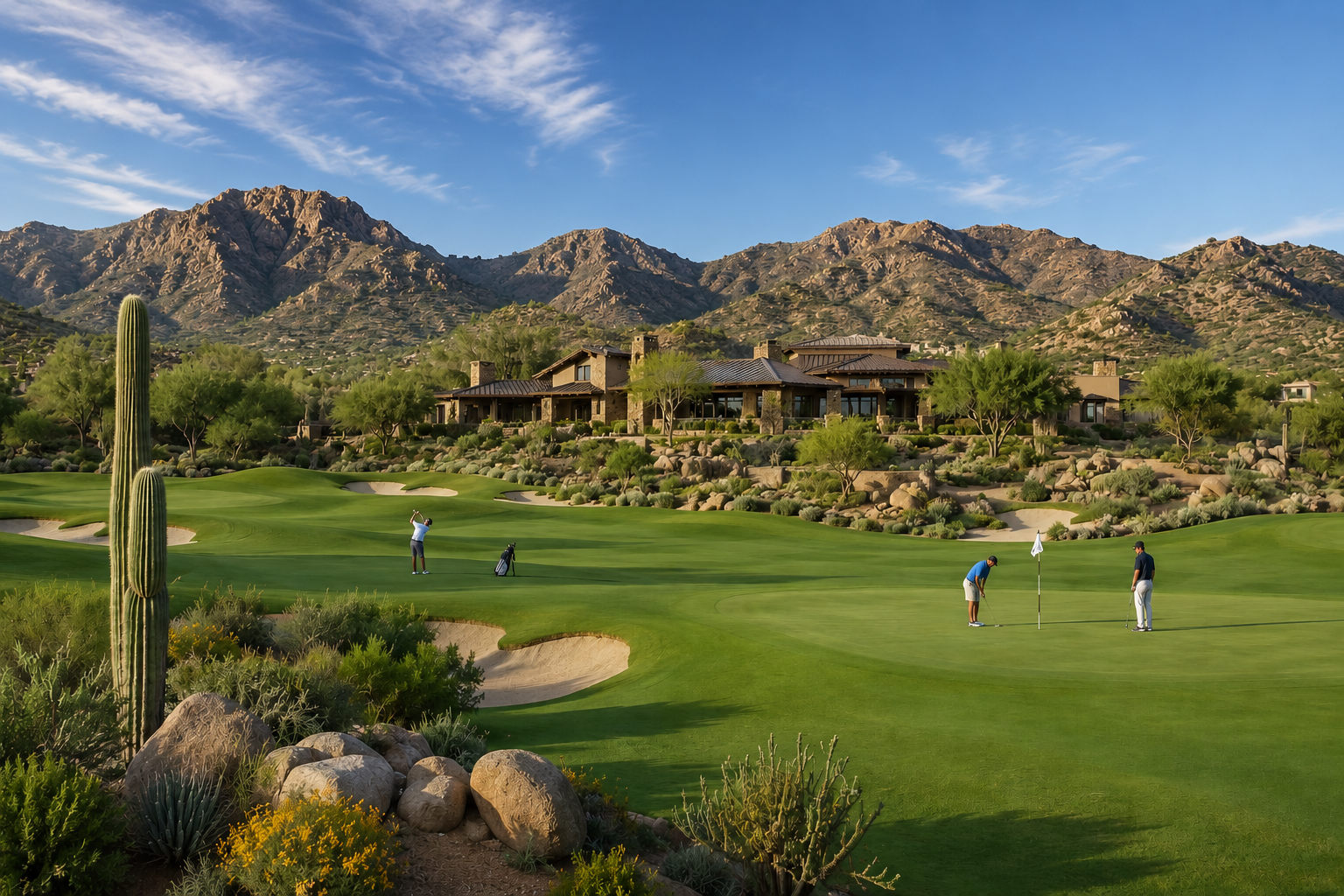 Luxury desert golf course with mountain scenery and golfers on green