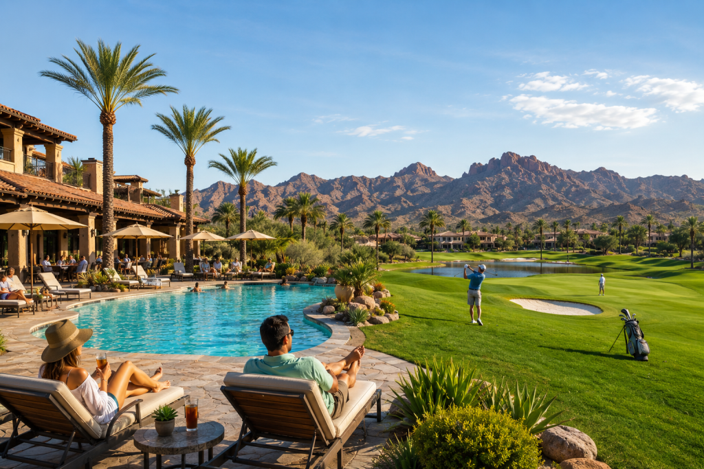 Phoenix golf resort with poolside seating and course access