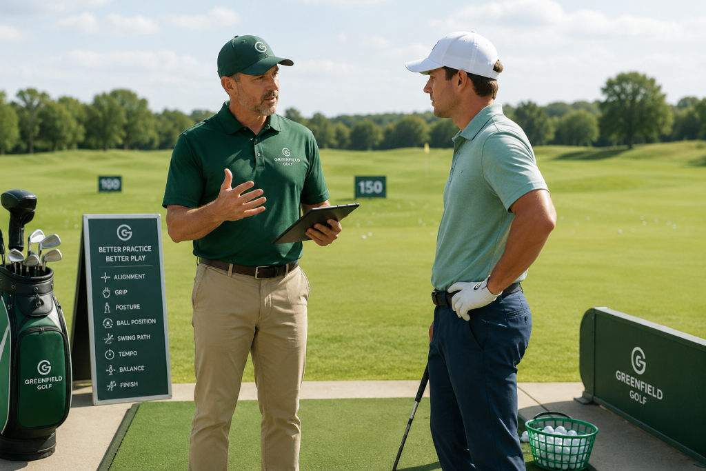 Golf instructor discussing lesson plan with student at driving range
