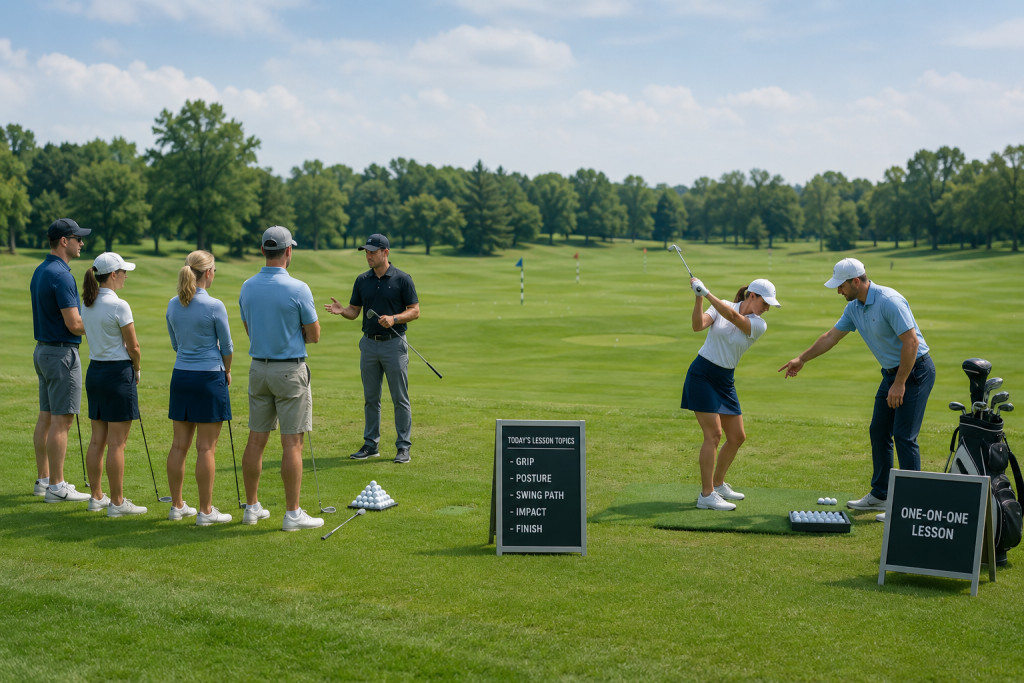 Golf group lesson and private instruction session at practice facility