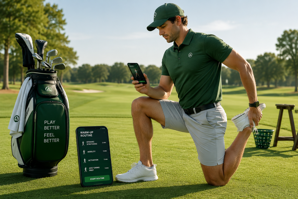 Golfer using stretching app for warm-up routine before practice