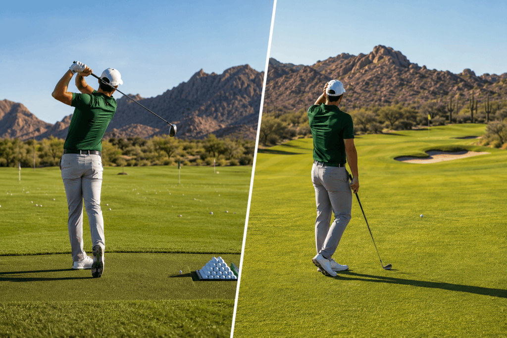 Golfer at an Arizona driving range compared to playing on a golf course during a round.
