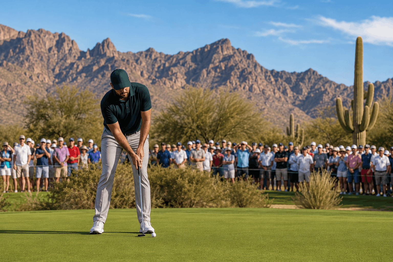Golfer lining up a putt with spectators watching during a competitive round.
