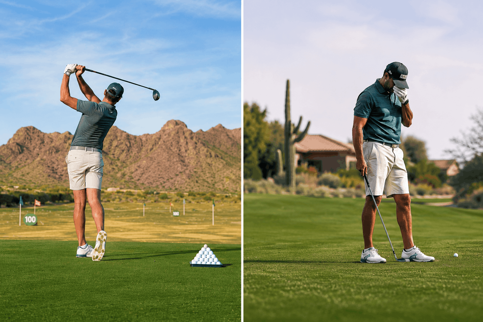 Golfer hitting confidently on the driving range contrasted with frustration during a golf round.