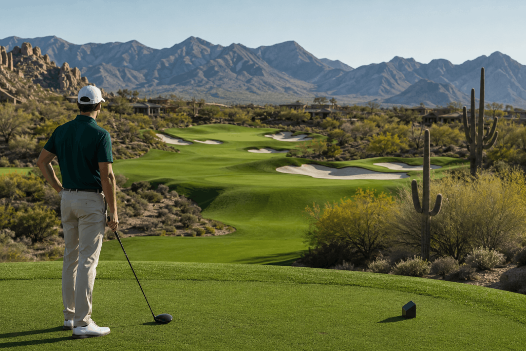 Golfer evaluating a desert golf hole with mountains and hazards in Scottsdale, Arizona.