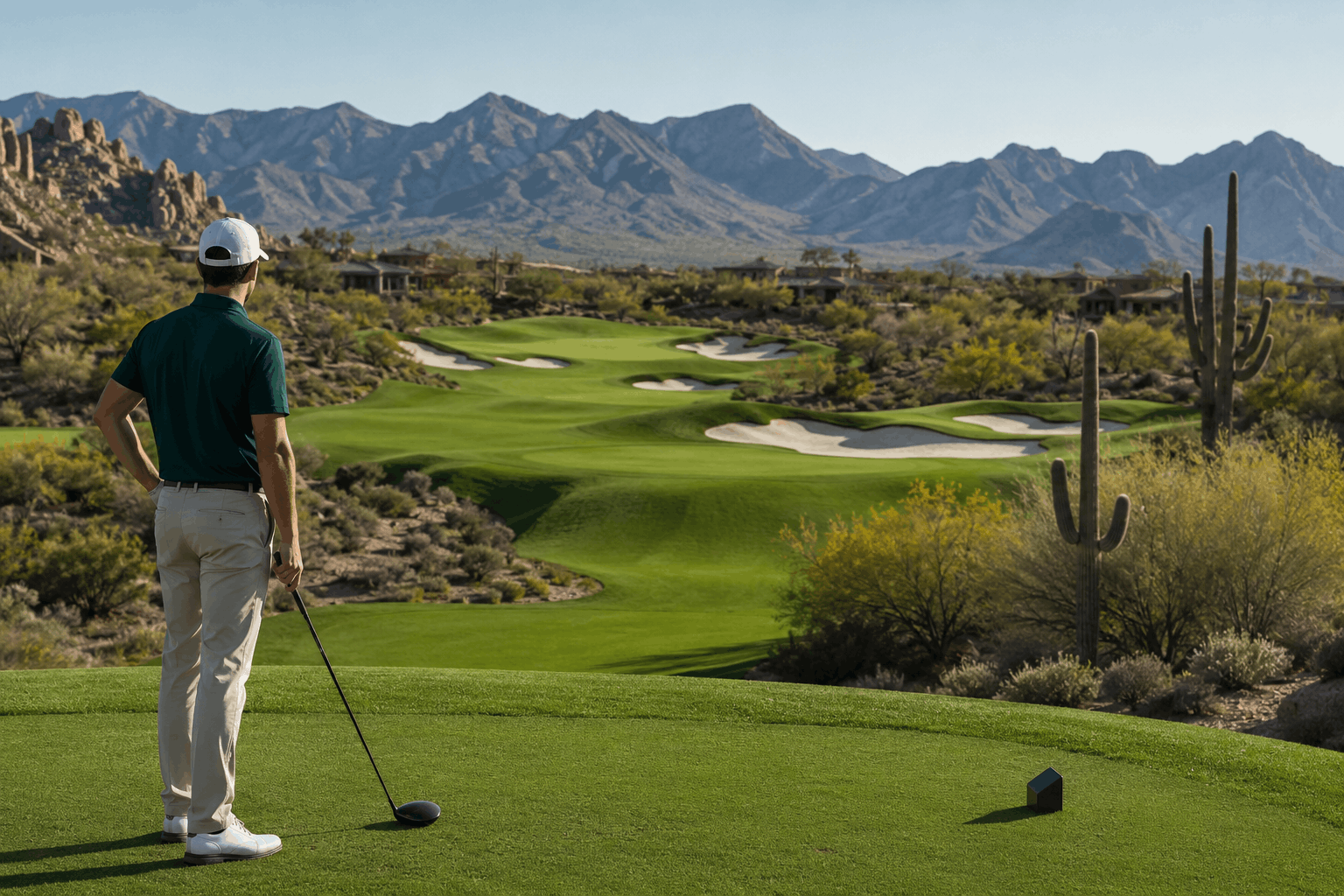 Golfer evaluating a desert golf hole with mountains and hazards in Scottsdale, Arizona.