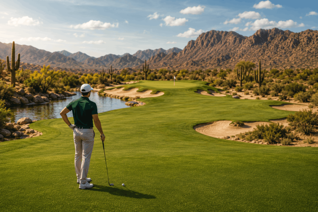 Golfer standing on a desert golf fairway assessing the safest route to the green.