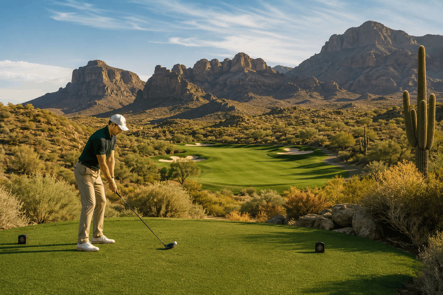 Golfer preparing to tee off on a scenic Arizona desert golf course.