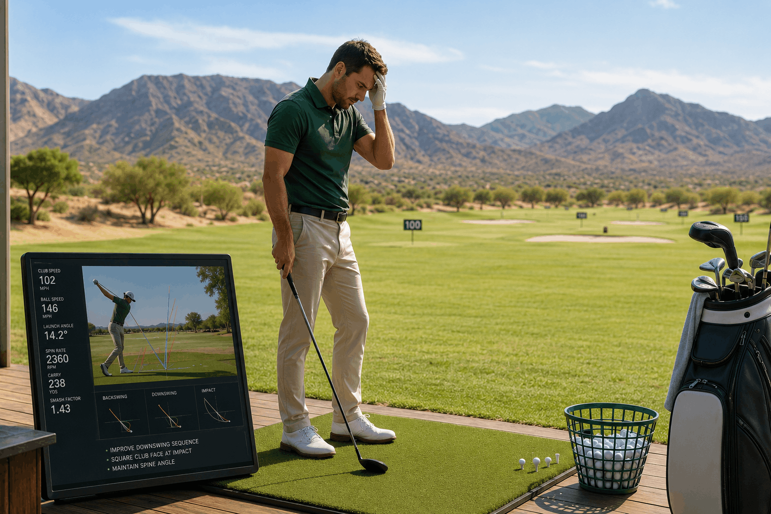 Golfer reviewing launch monitor data while struggling with swing consistency at the range.