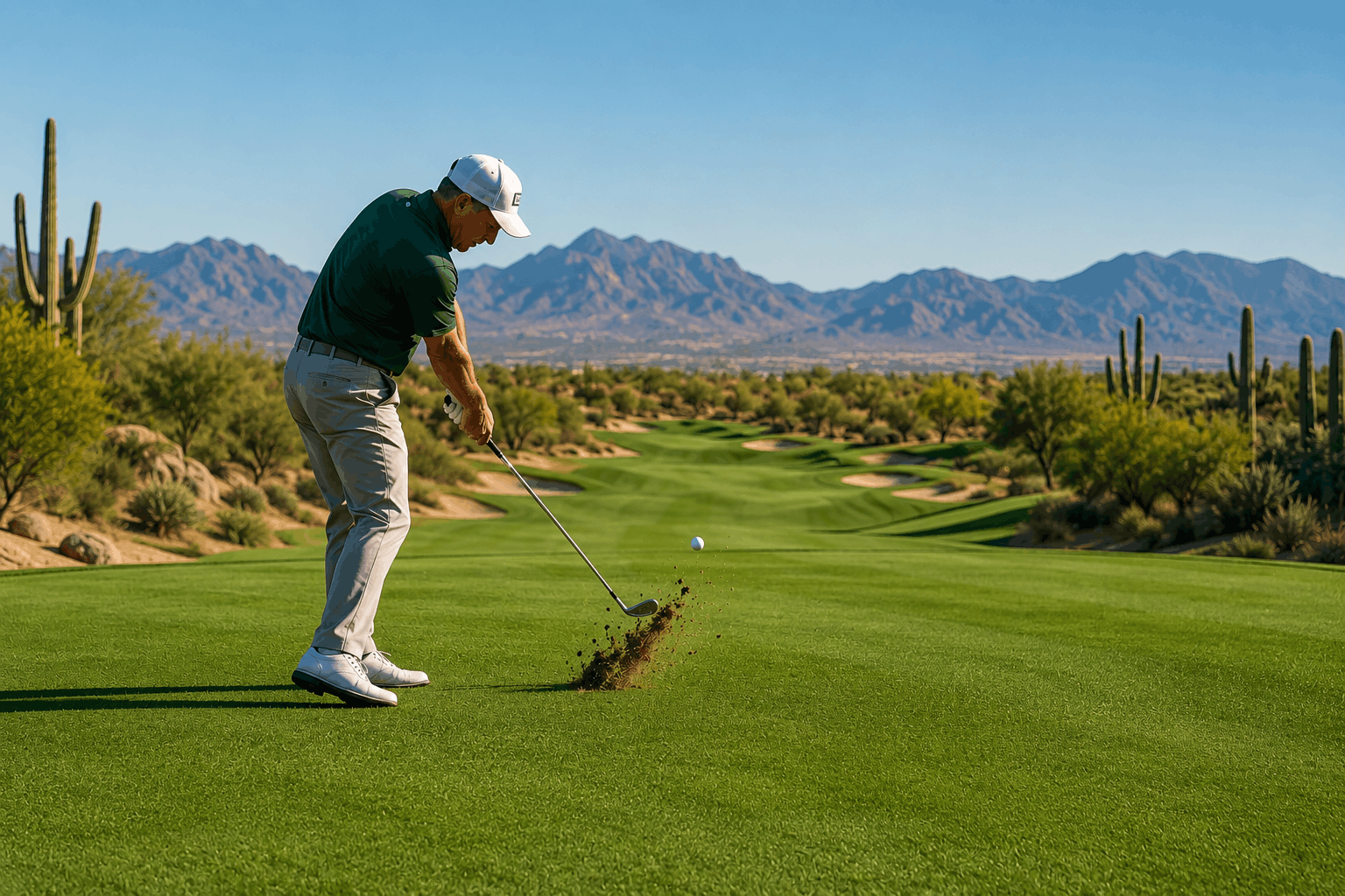 Golfer executing an iron shot during a round after recent golf instruction.